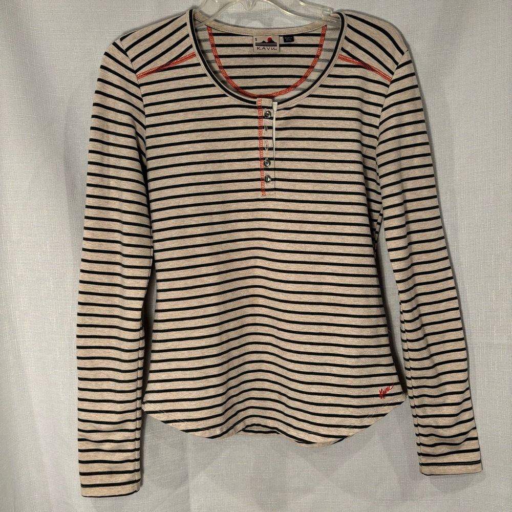 Kavu Black and Cream striped long sleeve Henley T Shirt size S